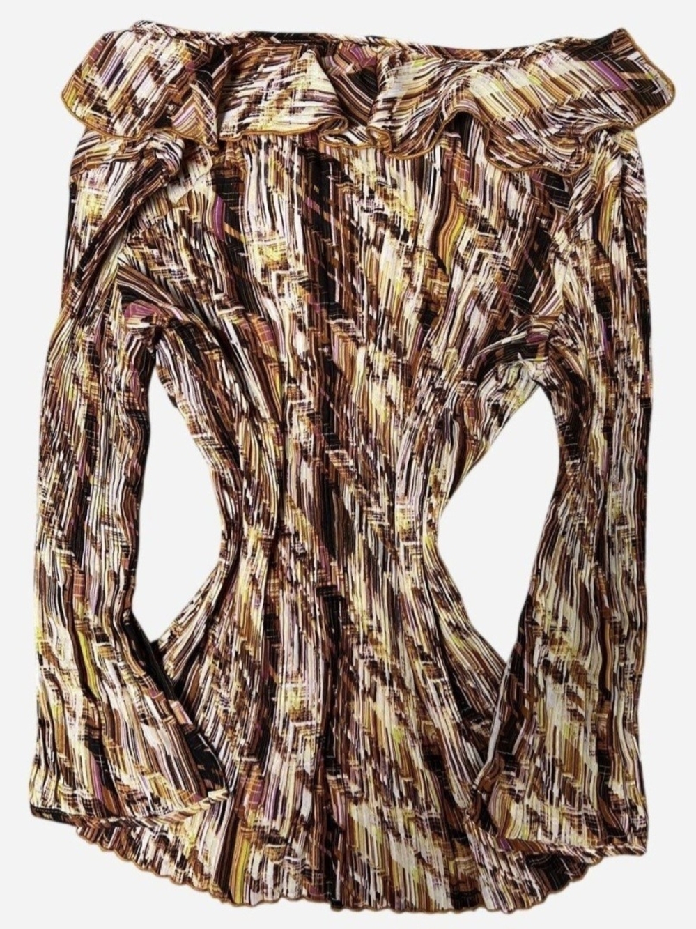 Whimsical Abstract Brown Multi-Stripe Ruffled Button-Front Blouse - Picture 3 of 5